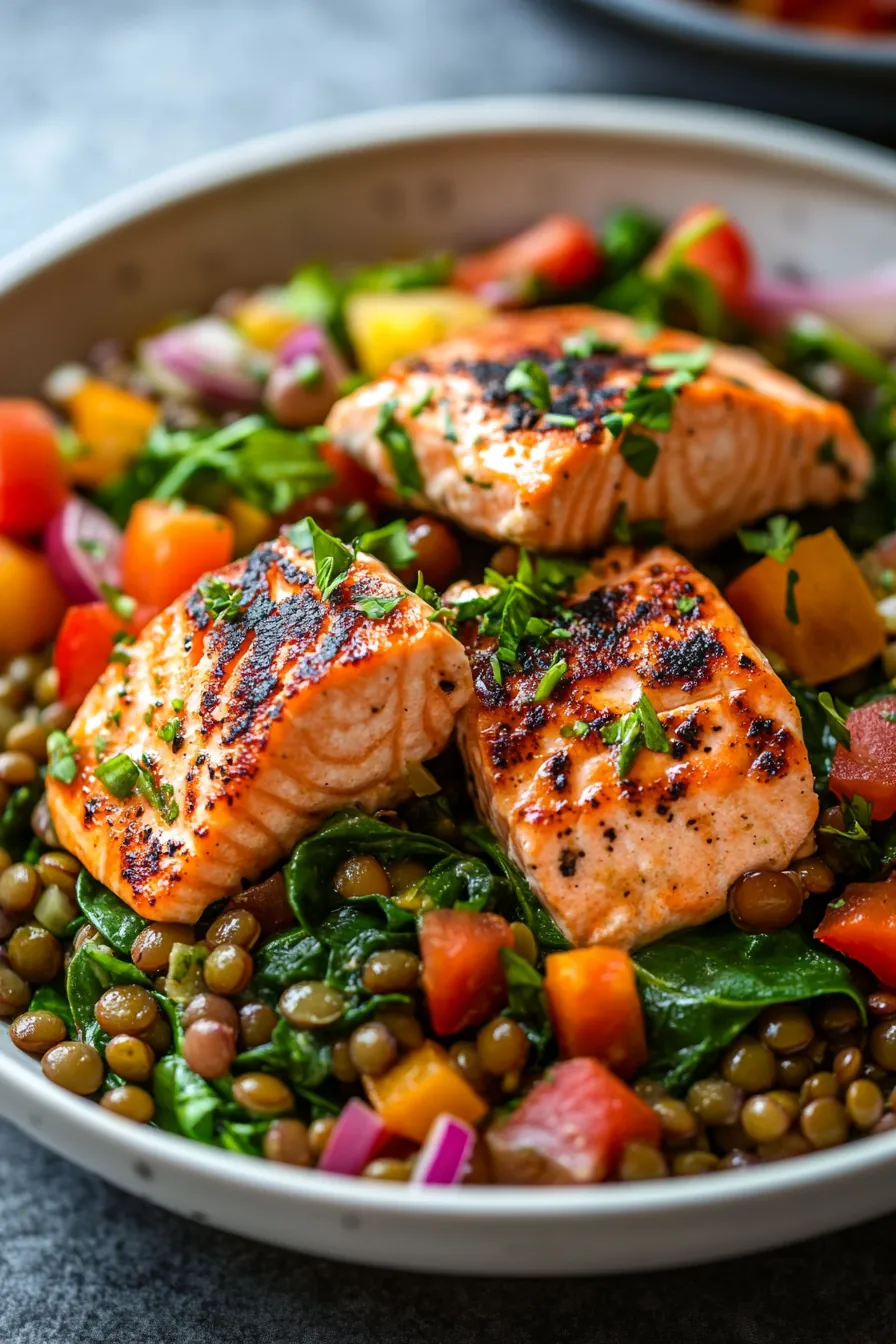 A vibrant dish featuring pan-seared salmon atop a bed of lentils and spinach, garnished with lemon slices and fresh herbs.