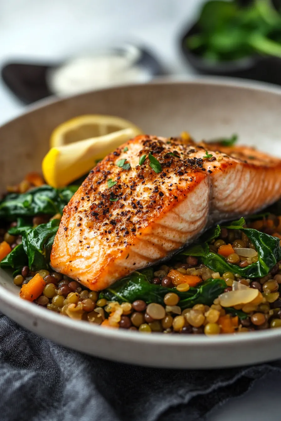 A luscious pot of salmon, spinach, and lentils, perfectly cooked in harmony.