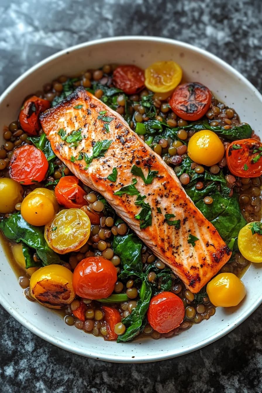 One Pot Salmon with Spinach and Lentils: A Coastal Delight card