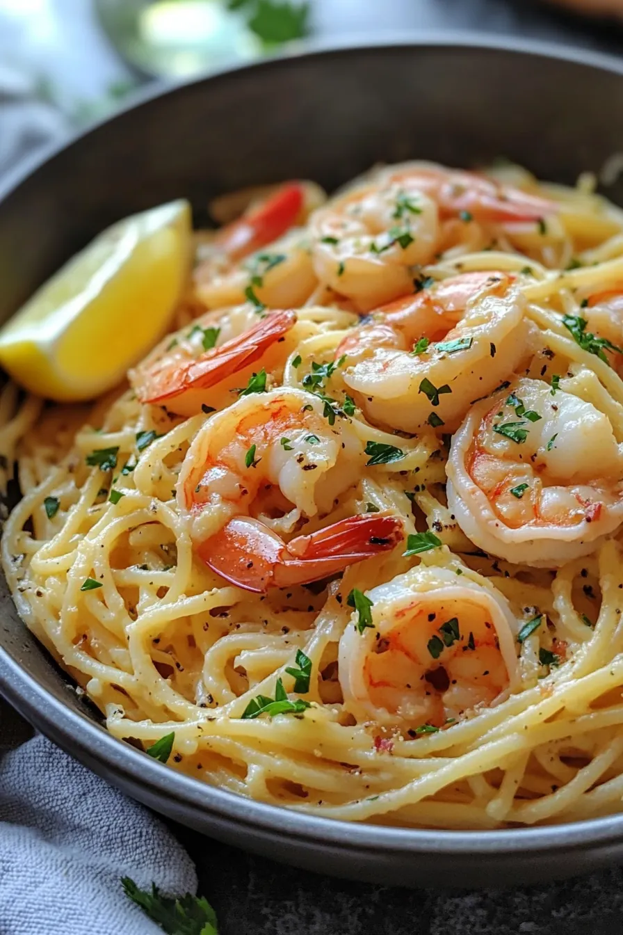 One pot shrimp scampi pasta with vibrant green peas and fresh basil, garnished with lemon zest.