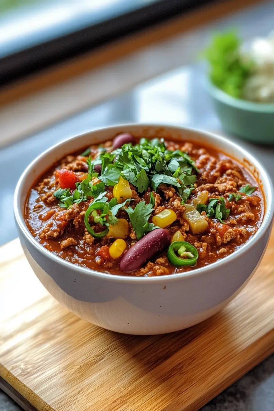 A steaming bowl of turkey chili garnished with fresh cilantro and avocado slices.