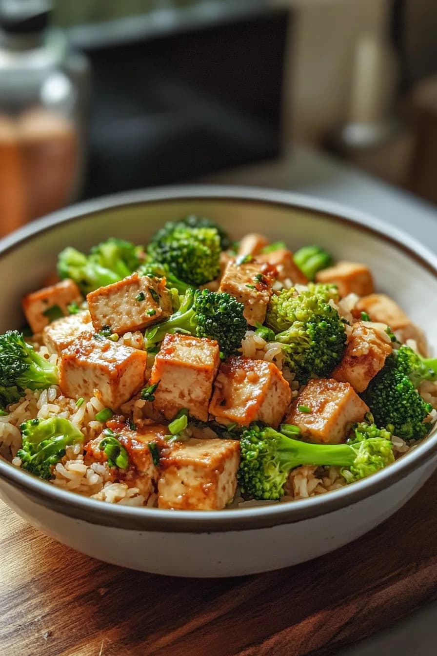 A vibrant dish of one pot tofu and broccoli rice garnished with fresh herbs.