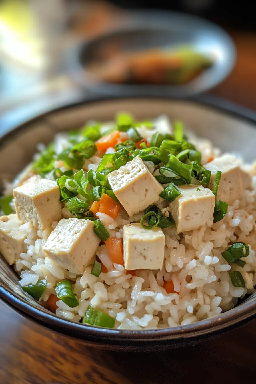 Crispy tofu and vibrant vegetables mixed with rice, all in a rice cooker.