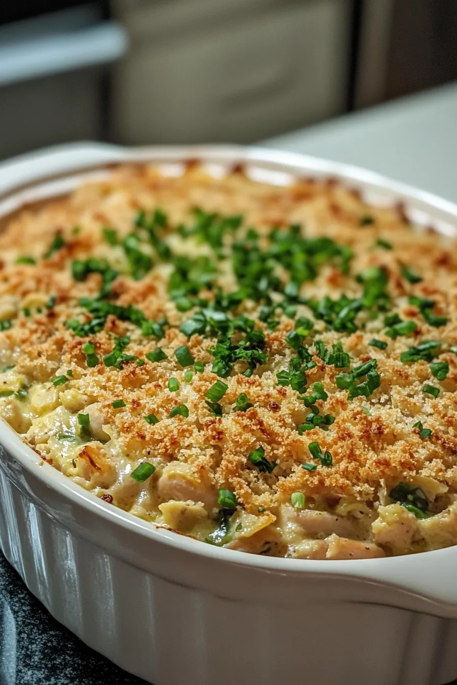 A comforting one pot tuna casserole with a golden, crispy topping and a creamy interior.