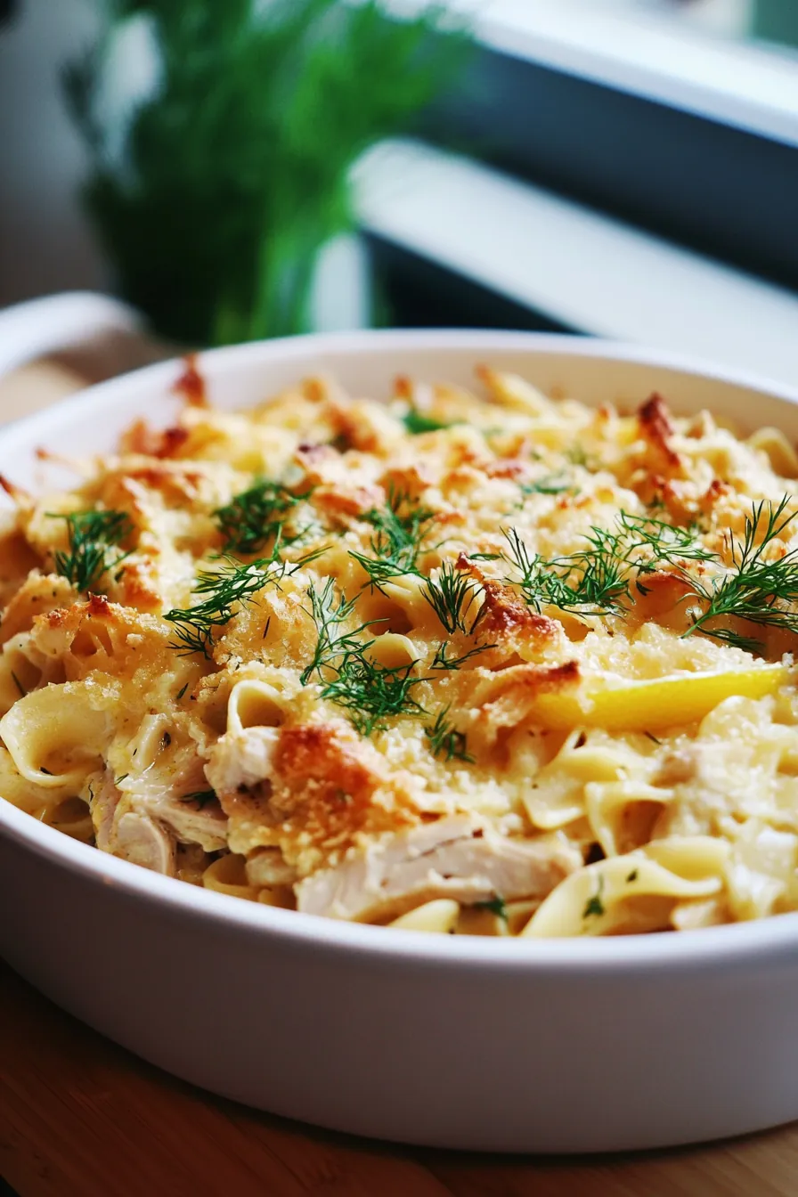 A comforting one pot tuna noodle casserole with lemon and dill, served in a rustic pan.