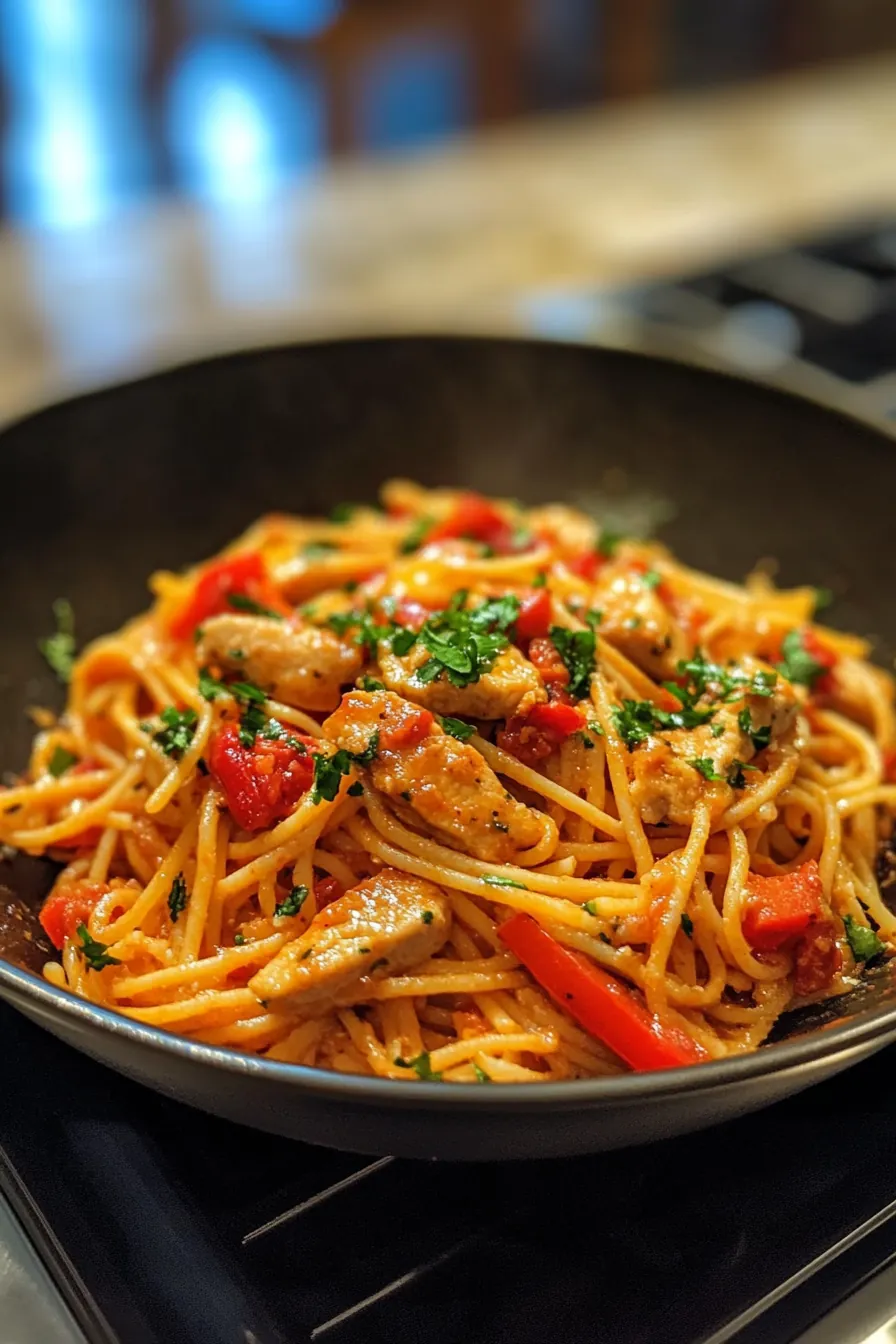 Creamy one-pot turkey pasta with roasted red peppers and basil in a rustic pot.
