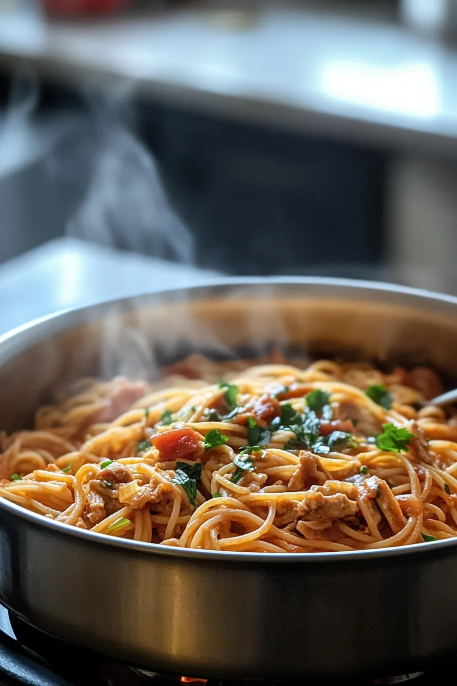 One-pot turkey spaghetti with a surprise ingredient, served hot in a rustic pot.