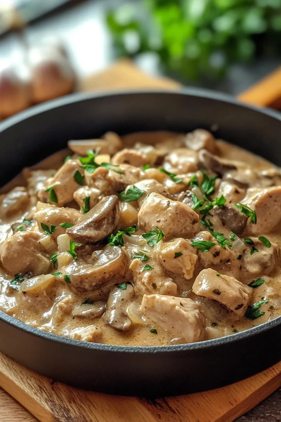 A steaming bowl of One Pot Turkey Stroganoff garnished with fresh parsley.