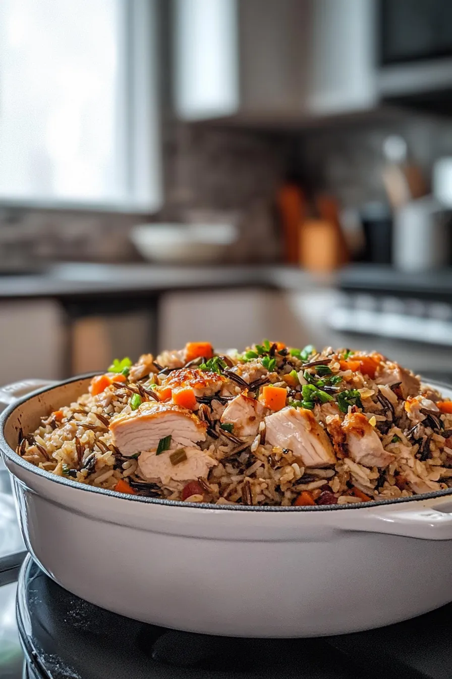 A steaming pot of turkey and wild rice with vibrant herbs in a rustic kitchen setting.