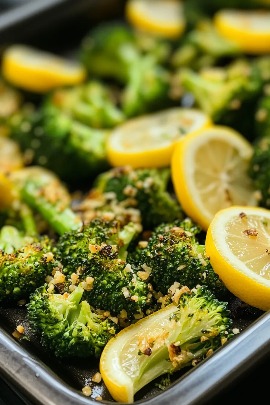 Golden roasted broccoli florets with lemon slices and garlic cloves on a baking sheet.