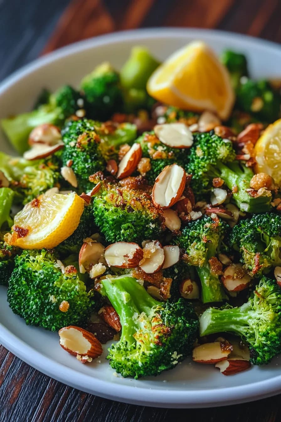 Golden-brown oven-roasted broccoli florets with toasted almonds and lemon zest in a rustic ceramic dish.