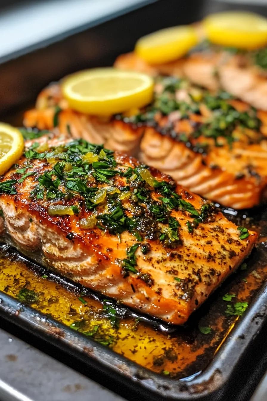 Pan-seared salmon fillet topped with melting citrus herb butter and garnished with fresh herbs.
