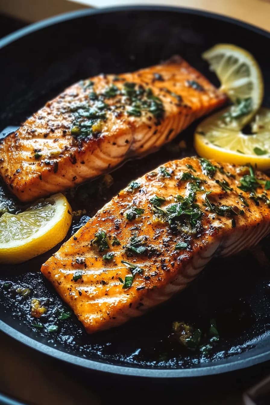 Golden-crusted salmon fillet topped with melting lemon herb butter, garnished with fresh parsley.