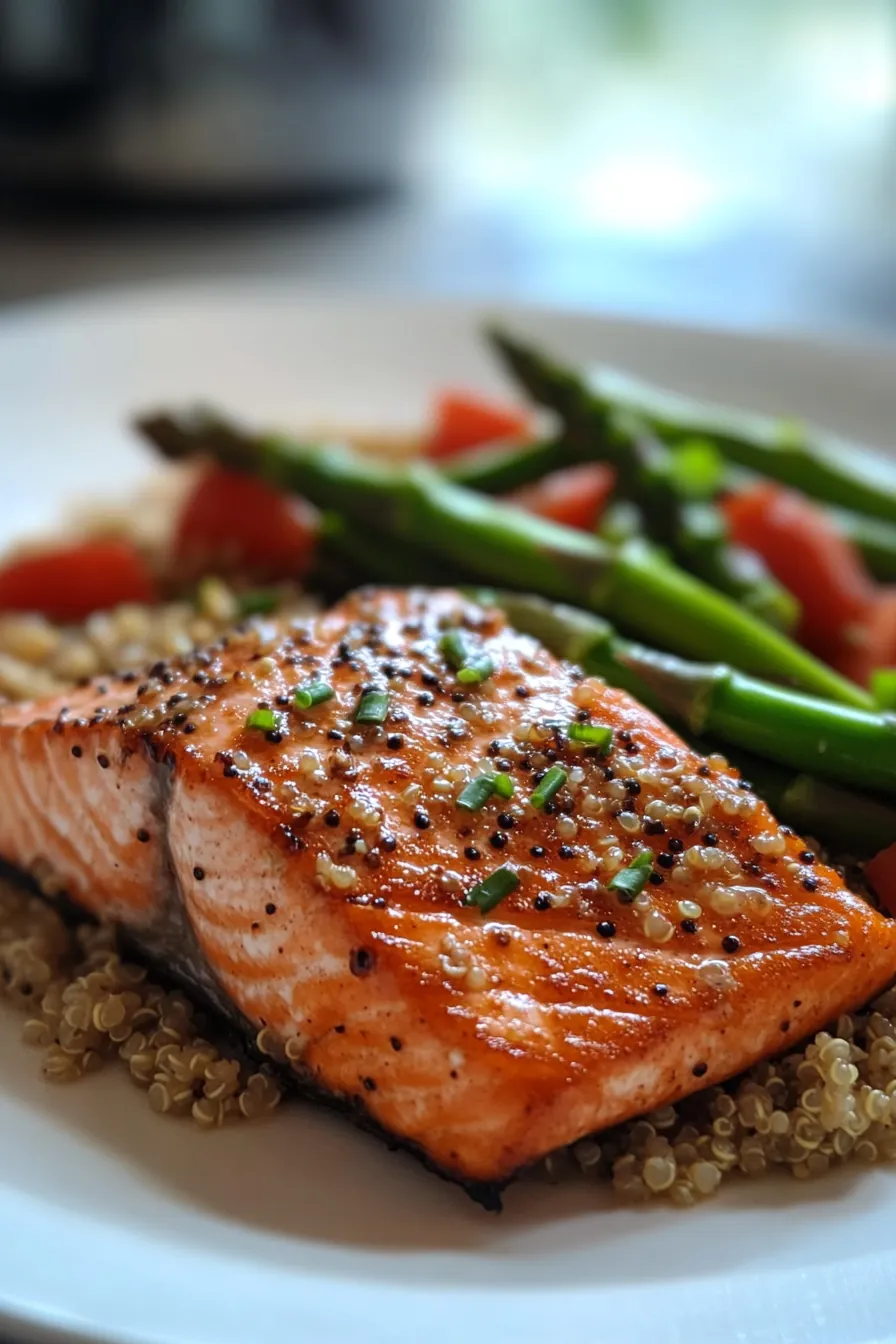 Pan-seared salmon fillet on a bed of fluffy quinoa, garnished with vibrant green asparagus spears.