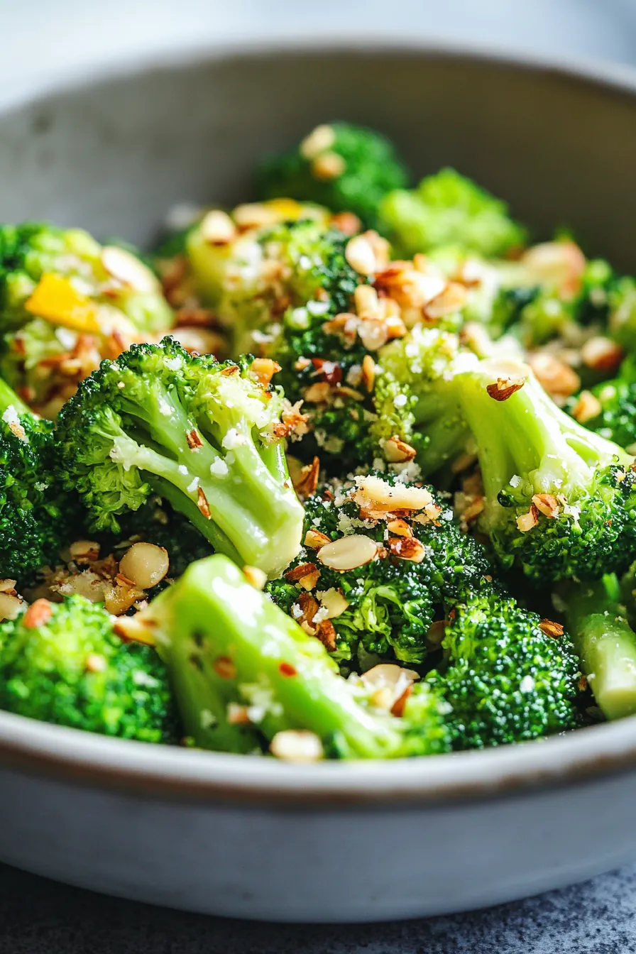 Steamed broccoli florets glistening with a citrus almond drizzle on a white platter.