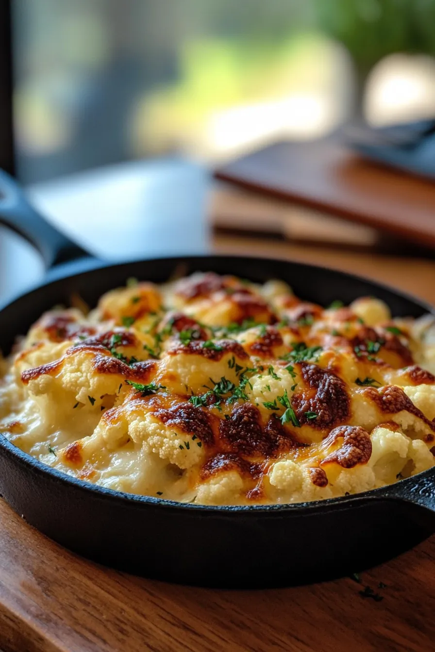 A vibrant skillet of cheesy cauliflower with golden crust and fresh herbs.