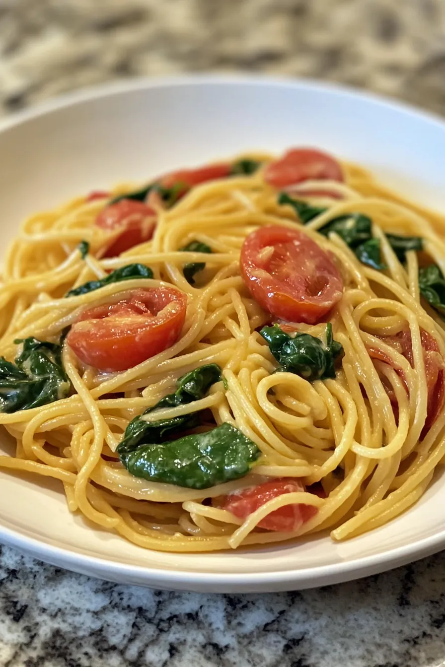 Quick and Creamy Spinach and Tomato Pasta card