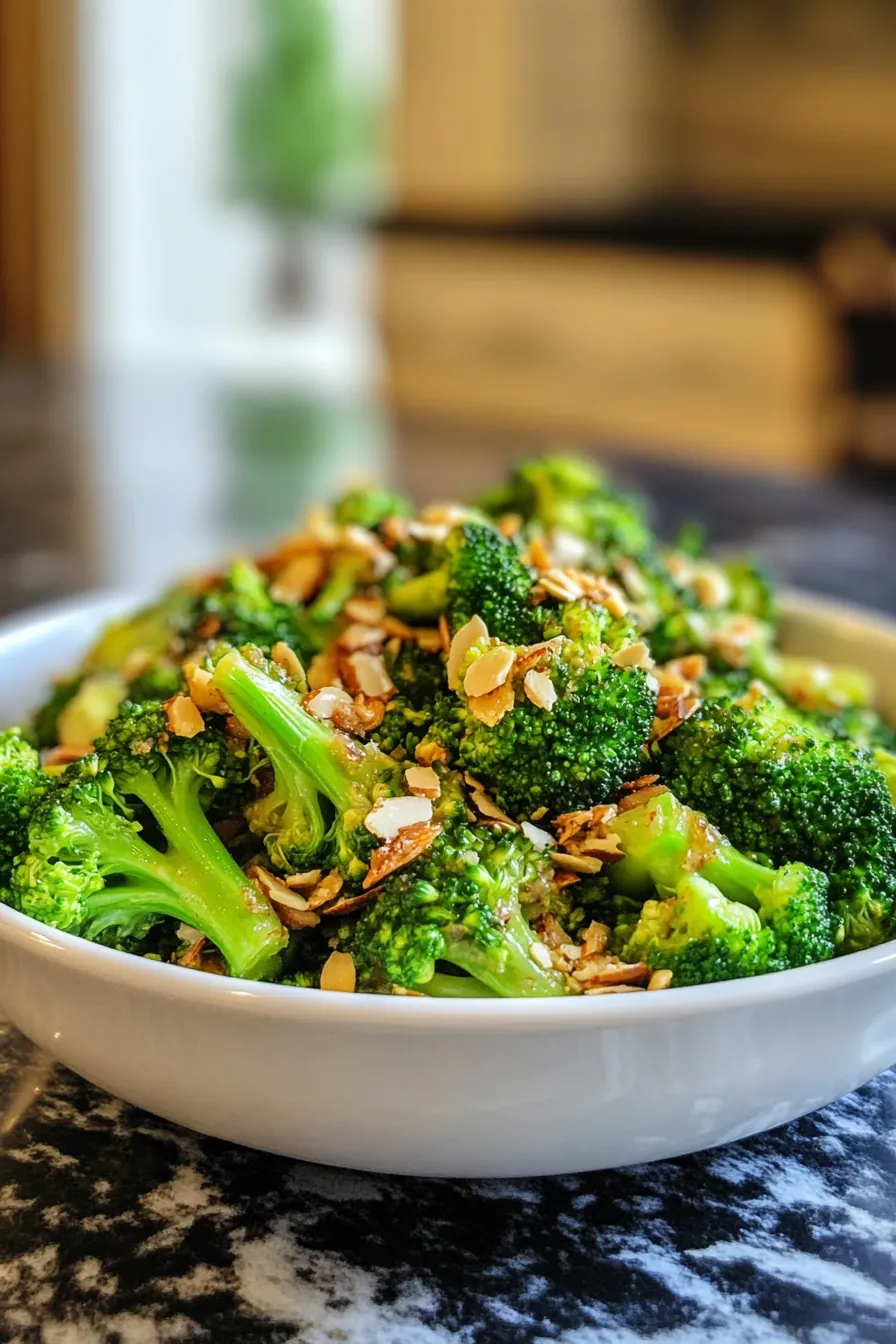 Steamed broccoli topped with toasted almonds and lemon zest in a white serving dish.