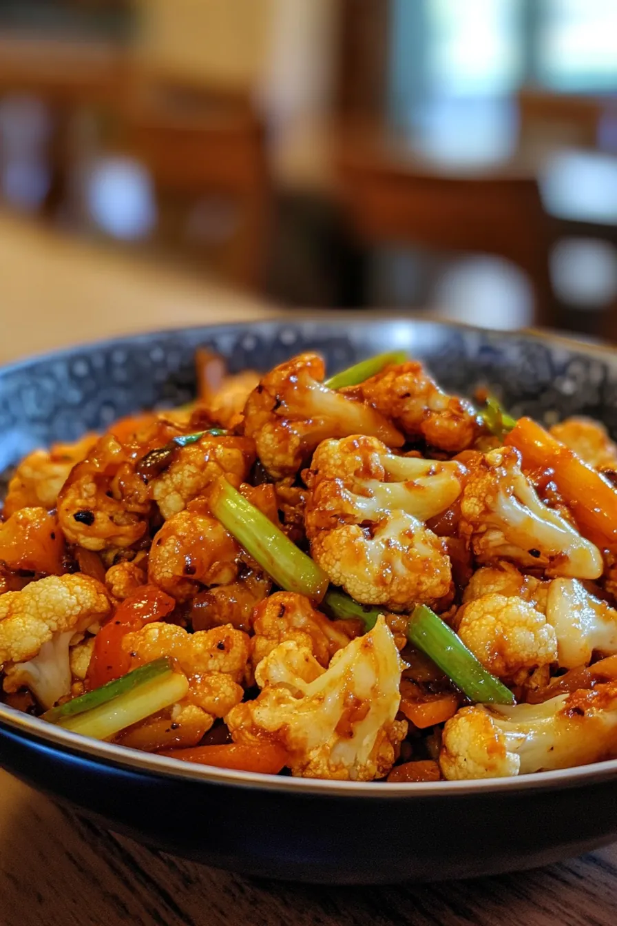 Stir-fried cauliflower with colorful vegetables in a wok.