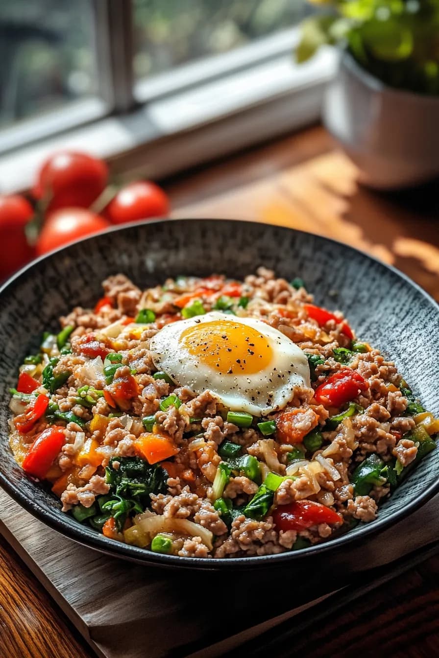 Colorful stir-fry with ground turkey, vibrant bell peppers, and a glossy sauce in a wok.