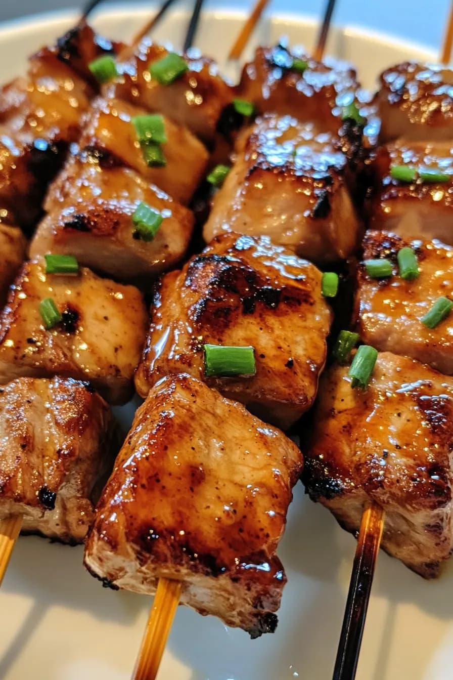 Juicy honey mustard pork skewers with vibrant vegetables on a white platter.