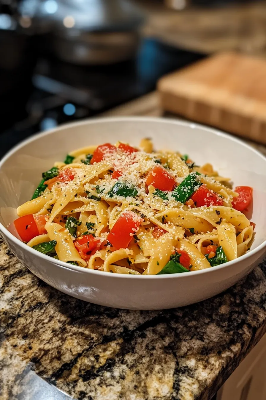 A colorful bowl of pasta primavera with fresh vegetables