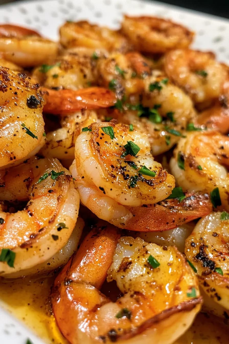 Sizzling shrimp with garlic and herbs in a cast iron skillet.