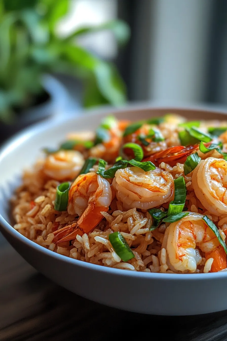 Deliciously cooked shrimp with fluffy rice and fresh herbs on a plate.