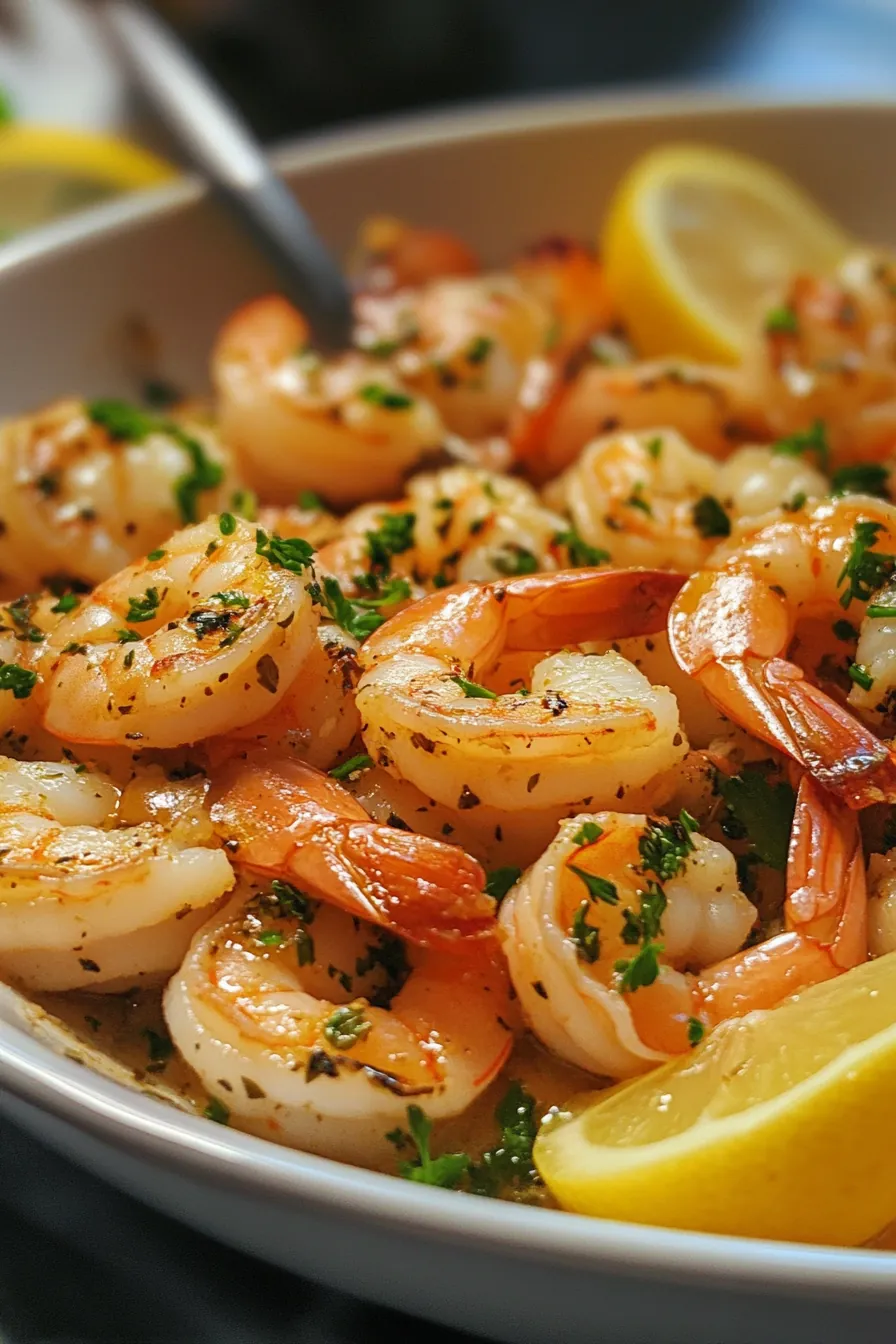 Sizzling shrimp scampi with lemon slices and fresh herbs in a cast iron skillet.