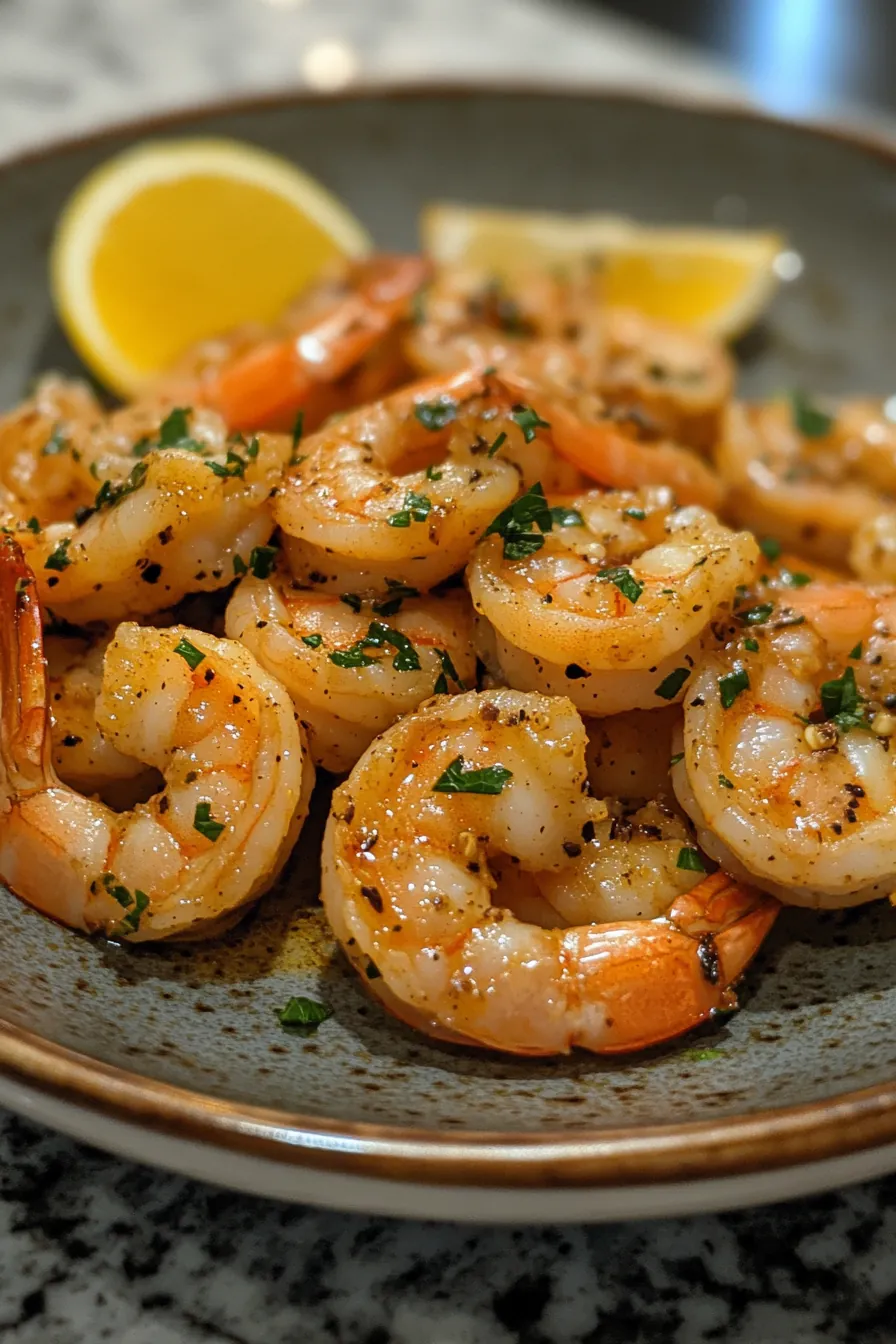 Golden shrimp scampi with garlic and parsley on a white plate