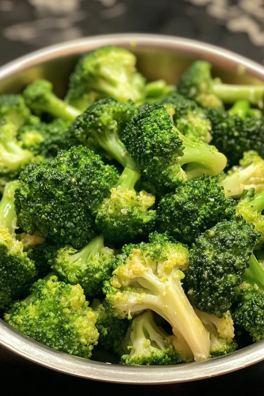 Freshly sautéed broccoli with garlic and lemon in a skillet.