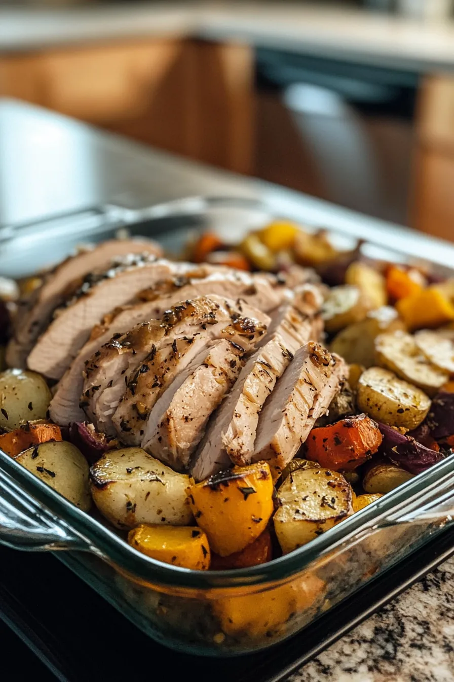 Seasoned turkey slices with roasted seasonal vegetables on a rustic wooden board.