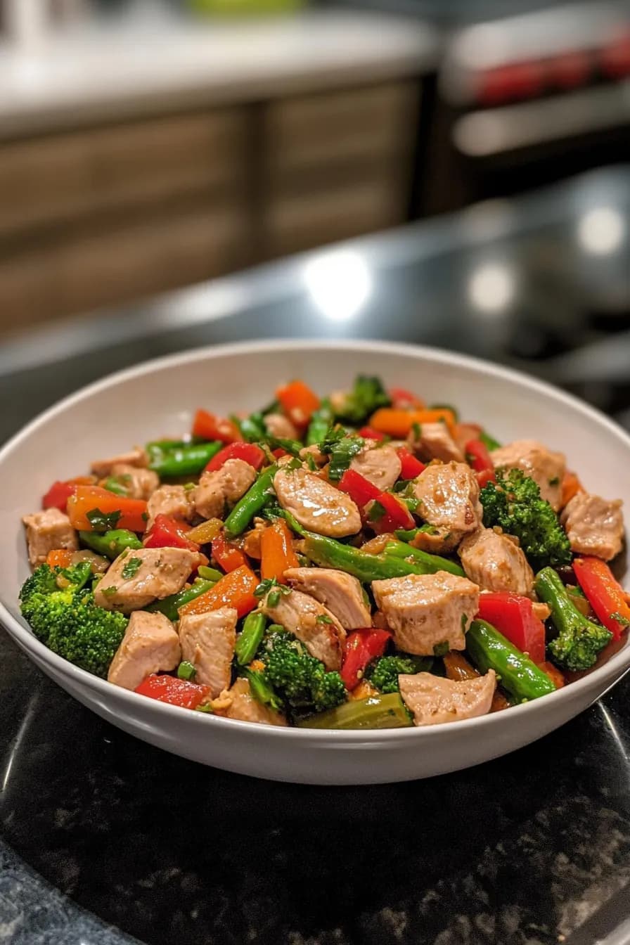 Sizzling turkey stir-fry with vibrant seasonal vegetables in a wok.