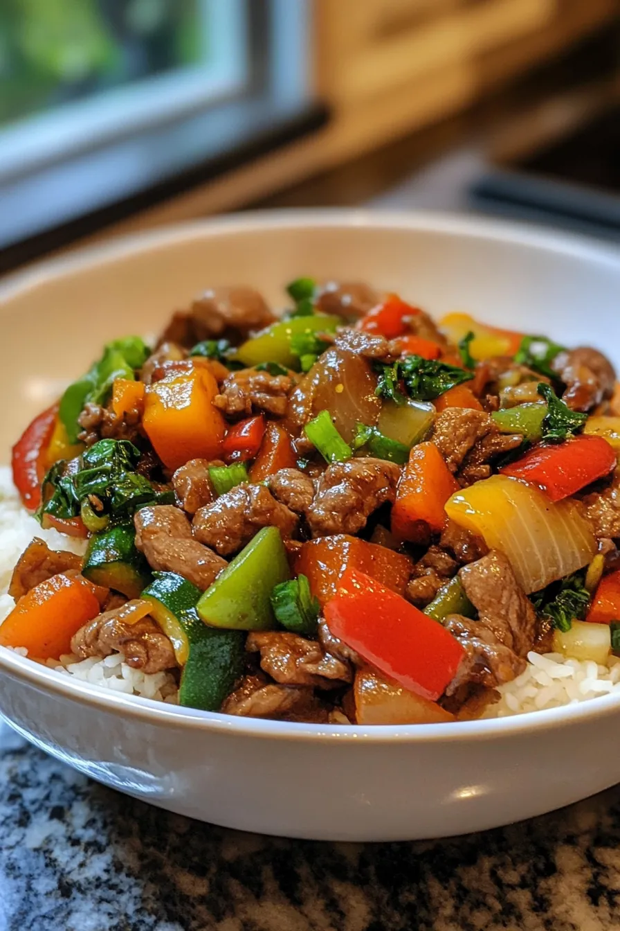 Colorful beef stir-fry with broccoli, bell peppers, and carrots in a sizzling pan.