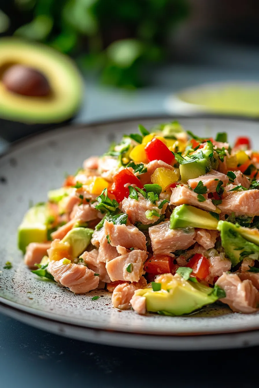 A vibrant bowl of tuna salad with chunks of avocado and a lime wedge on top.