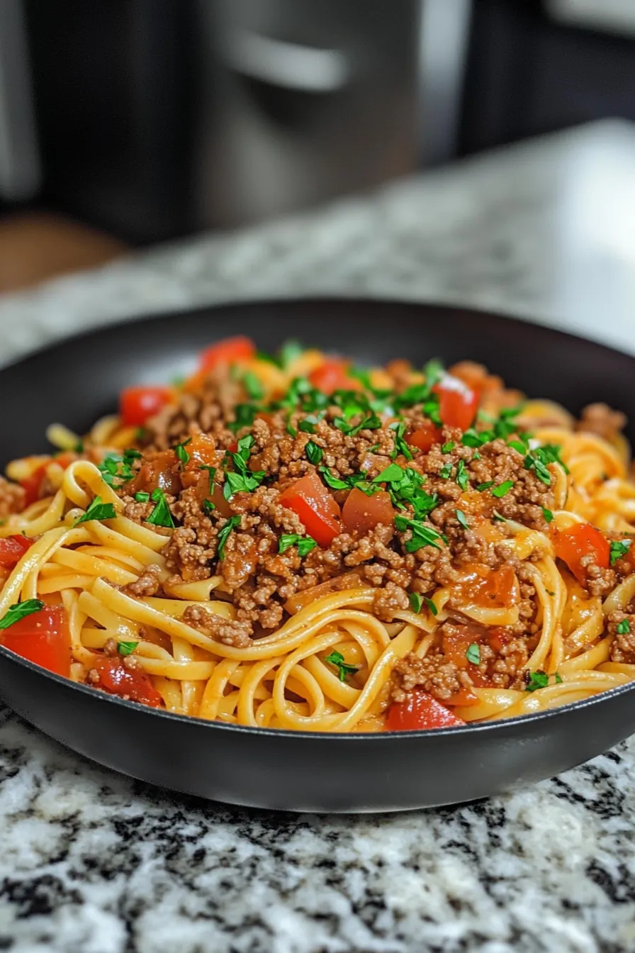 A steaming bowl of pasta with ground beef, tomatoes, and basil, garnished with Parmesan cheese.