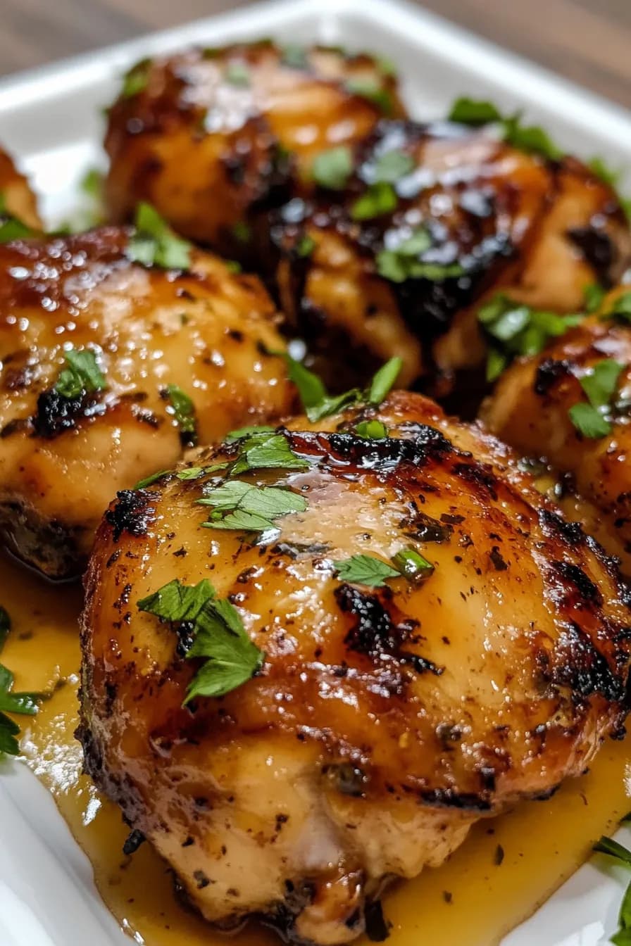 Golden brown chicken thighs glazed with honey mustard sauce, garnished with fresh herbs, served on a white platter.
