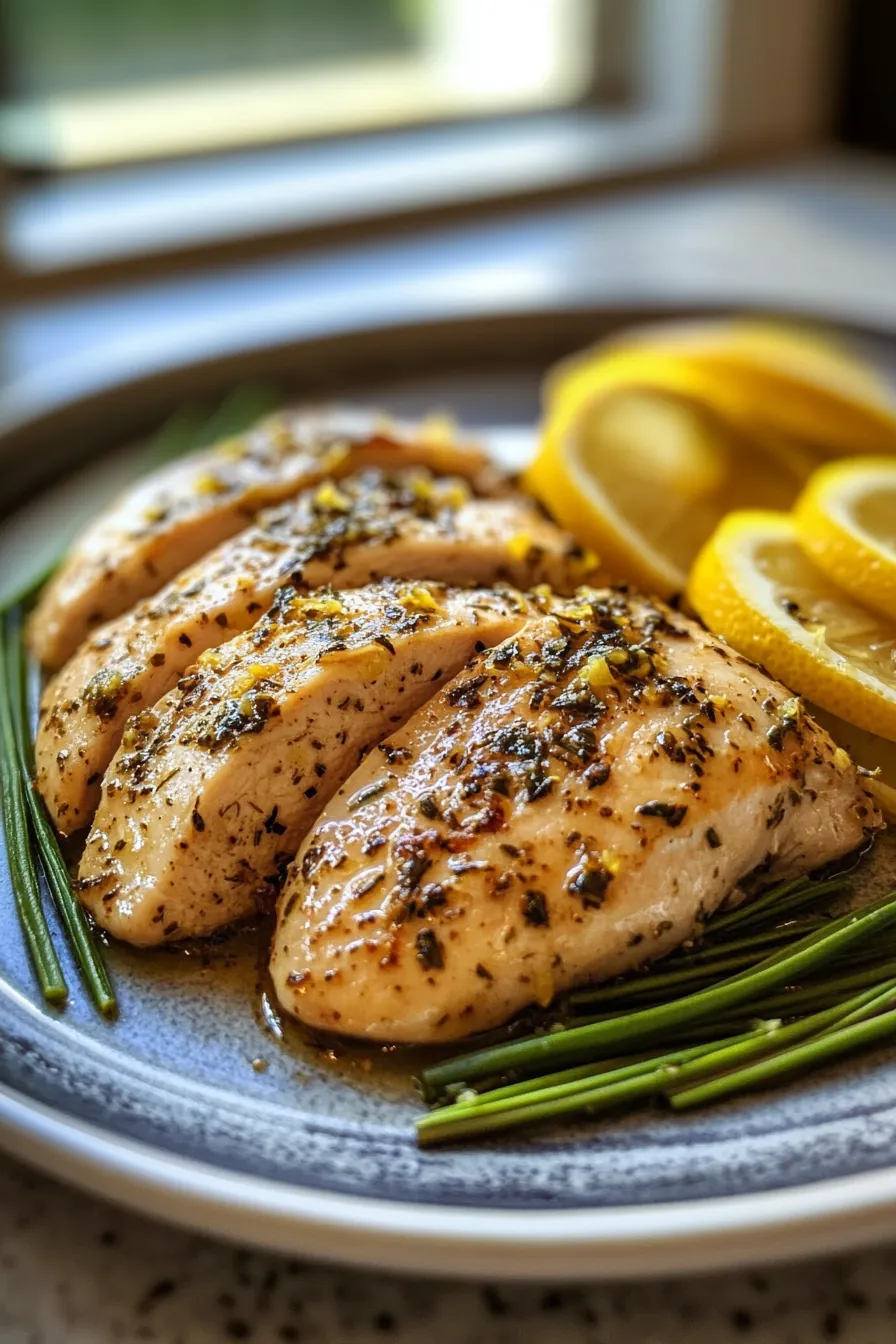 Sliced lemon herb chicken breasts with a side of roasted vegetables in a meal prep container.