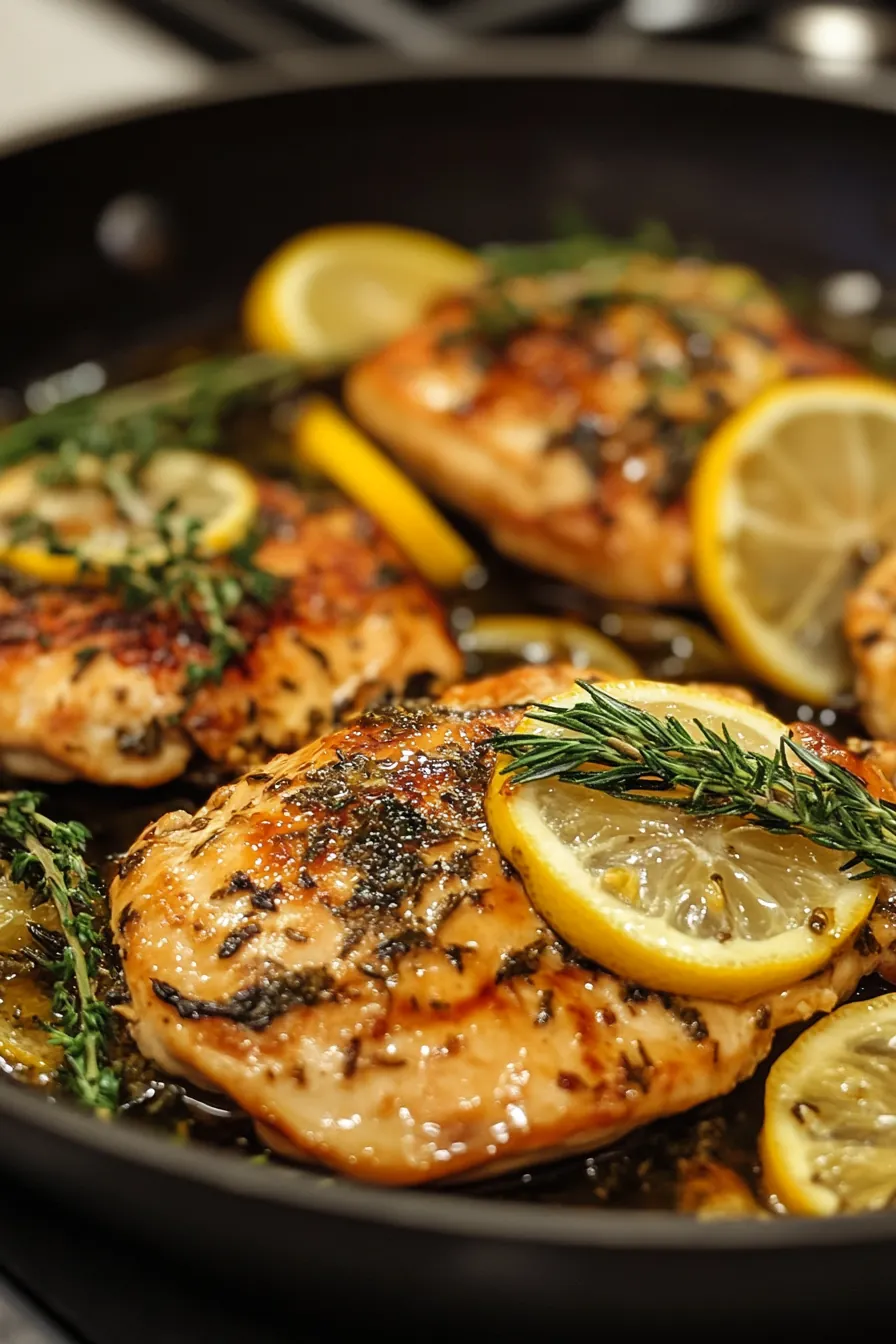 Quick chicken meals in a skillet with lemon and herbs sizzling on a stovetop.