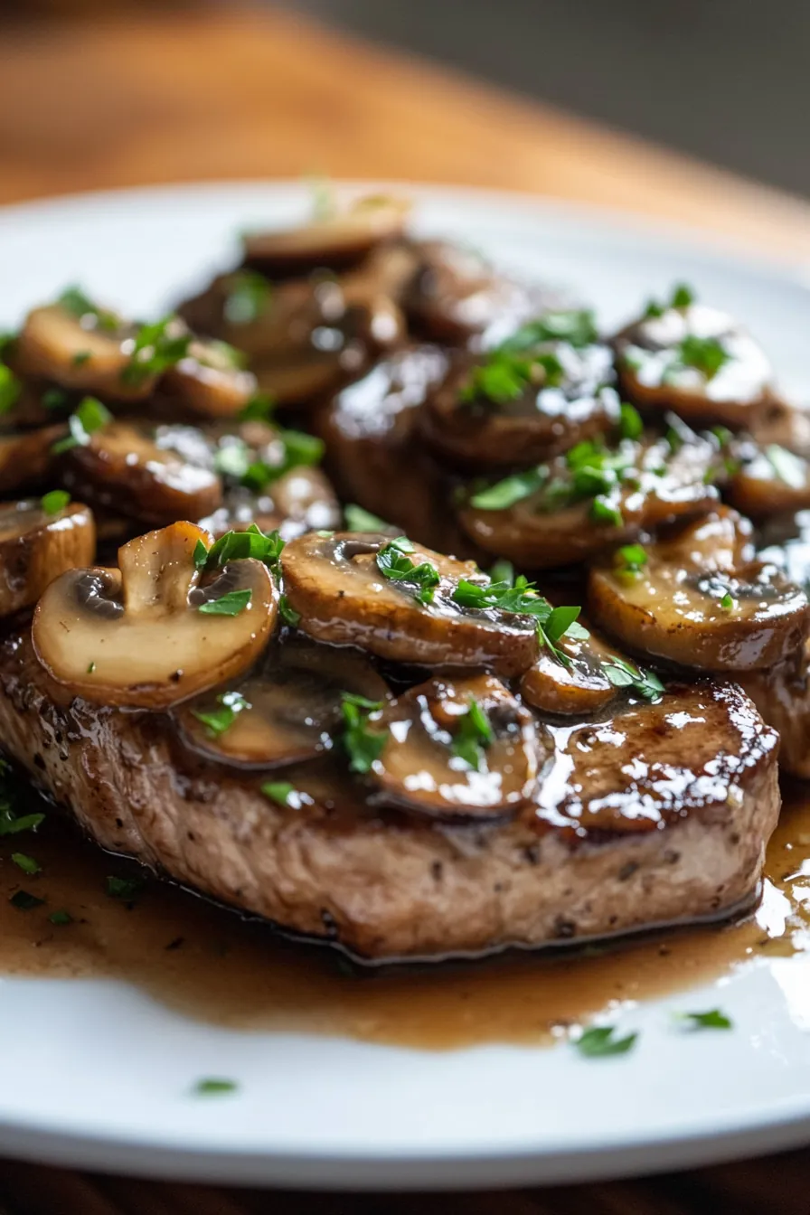 Savory mushroom sauce poured over a perfectly cooked steak on a white plate.