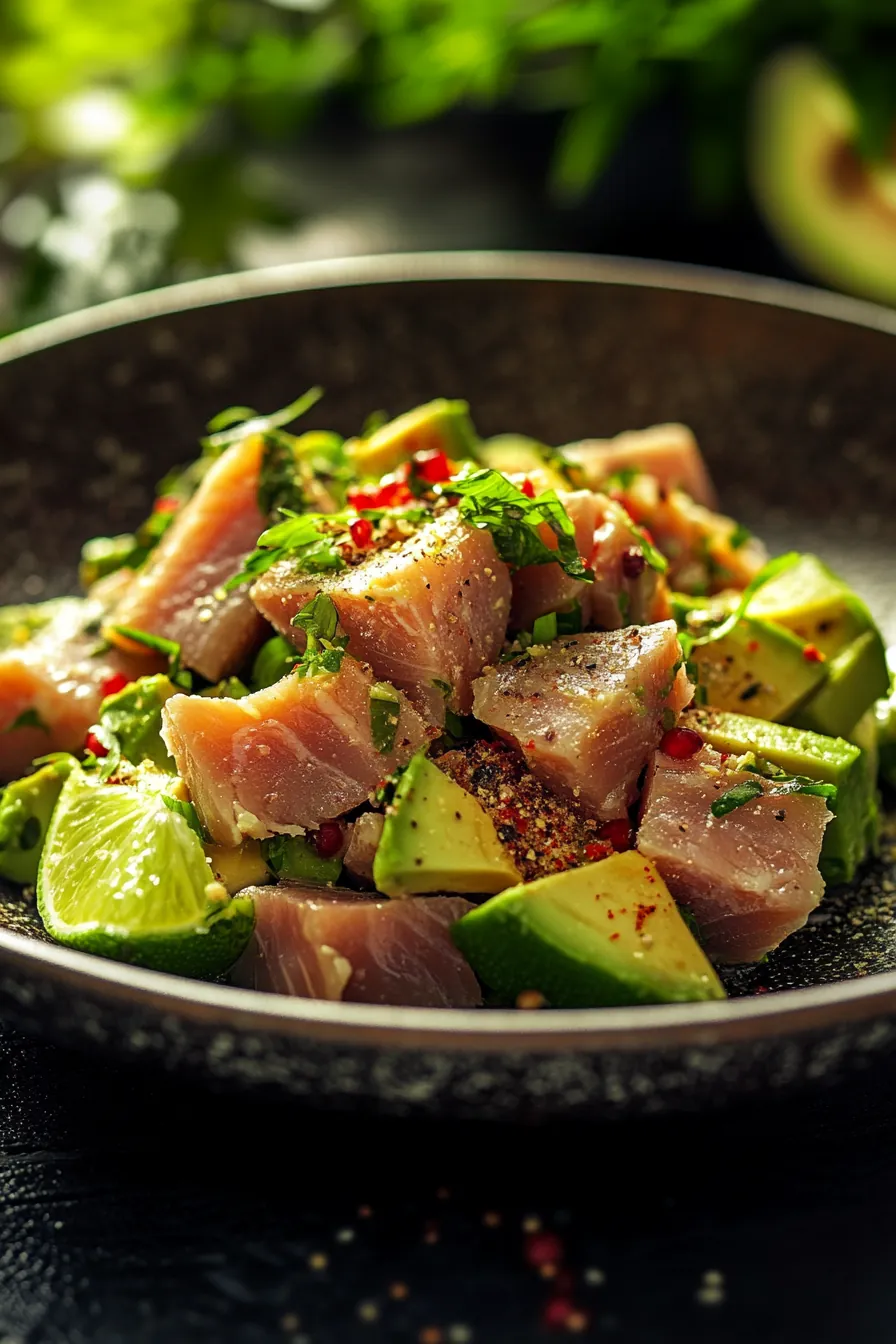 A vibrant plate of quick tuna lunch with avocado slices and lime wedges.