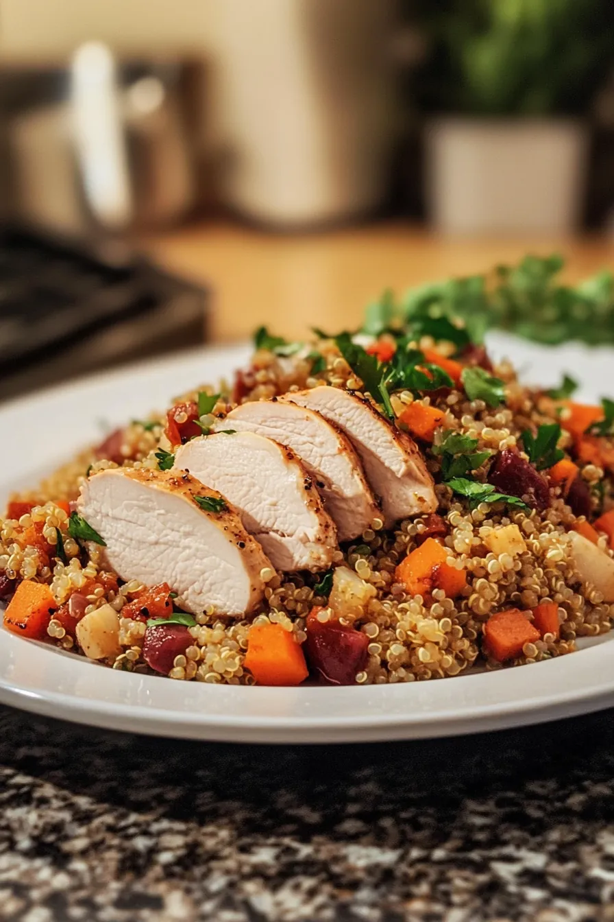 A vibrant bowl of turkey quinoa medley with colorful vegetables and a sprinkle of fresh herbs.