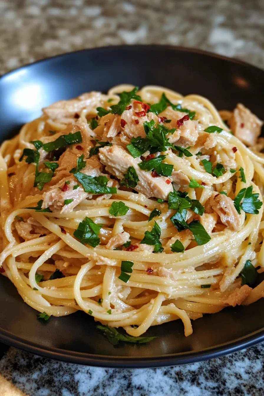 Brightly colored pasta with canned tuna, cherry tomatoes, and fresh herbs in a rustic bowl.