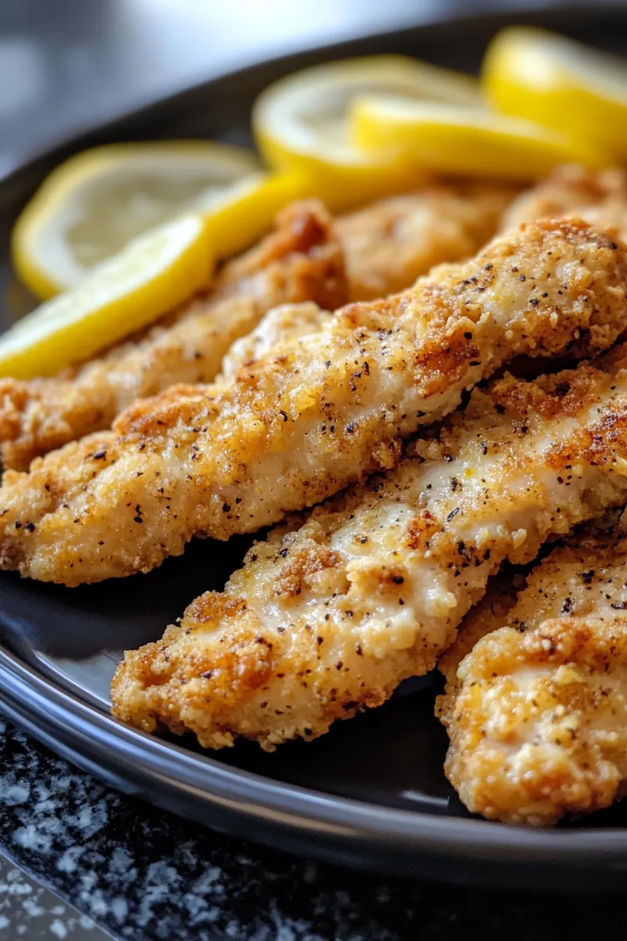 Golden brown lemon chicken tenders garnished with fresh parsley, served with a side of dipping sauce.