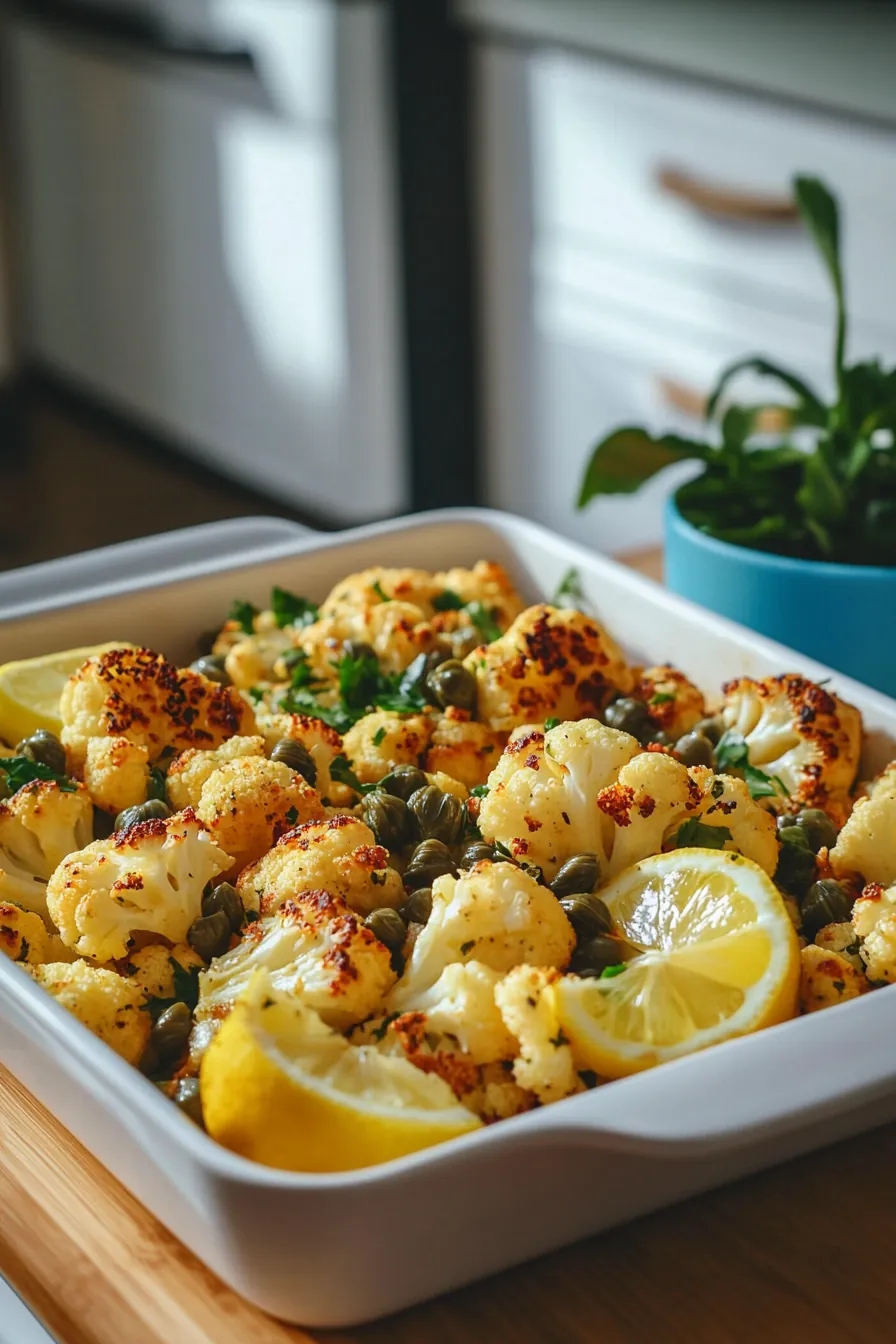 Golden roasted cauliflower florets with lemon and capers on a rustic platter.