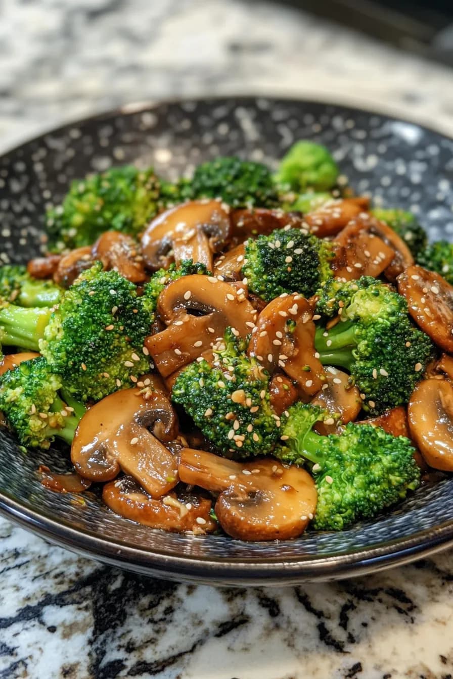 A vibrant stir-fry of broccoli and mushrooms glistening in a soy-ginger glaze.