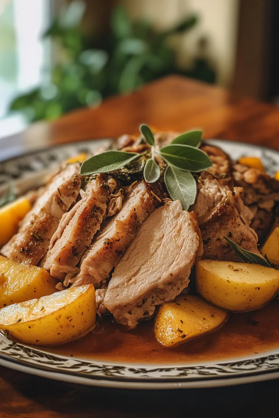 Tender pork cooked with apples and sage in a crock pot.