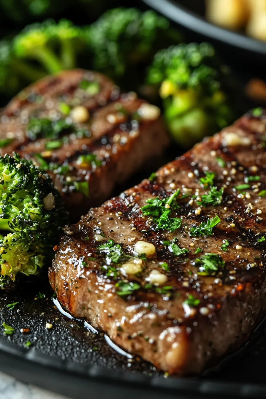 Golden-brown roasted broccoli topped with garlic and Parmesan, served alongside a juicy steak.