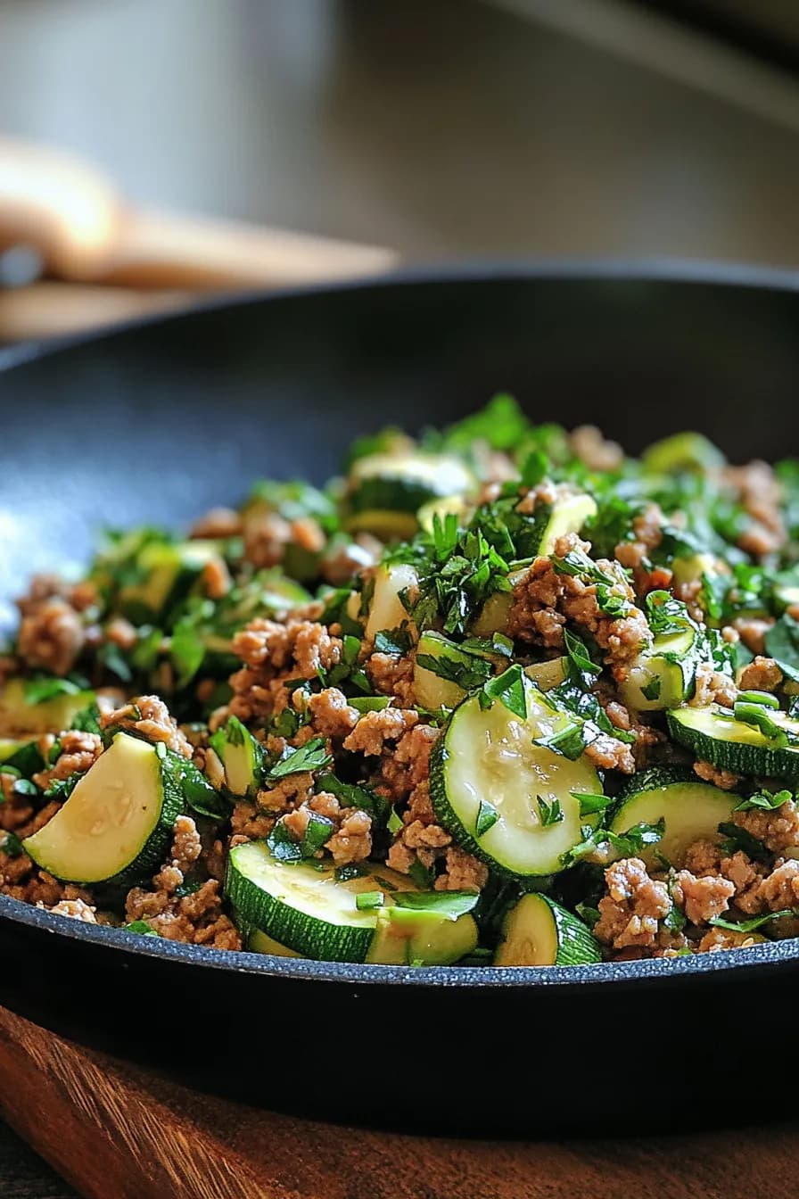 Hearty ground turkey dinner with fresh zucchini and herbs served in a ceramic dish.