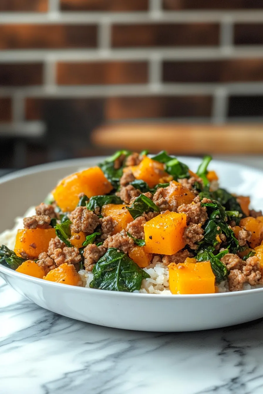 Savory ground turkey dinner with roasted butternut squash and sautéed spinach on a rustic plate.